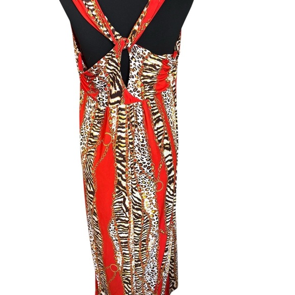Women’s Maxi Dress Cut Out Gold Chain Lock Animal Print Red Mob Wife Large - Picture 3 of 11